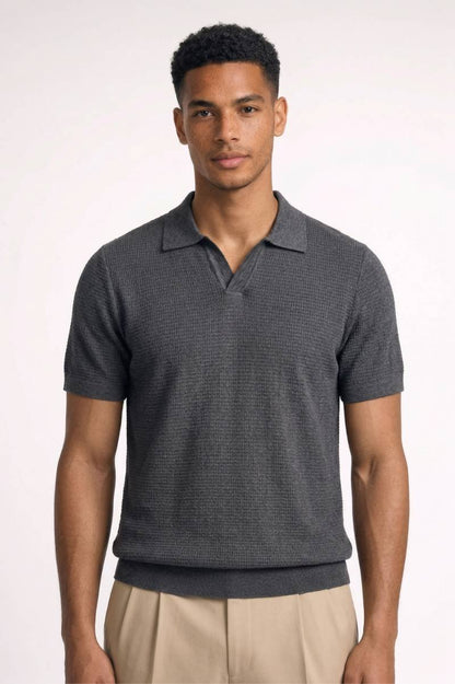 Polo Heren - Gebreide Textuur | Korte Mouwen & Klassieke Kraag - Donkergrijs