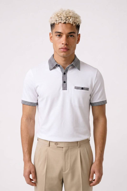 Polo Heren - Geruit Detail | Korte Mouwen met Knoopsluiting — Wit