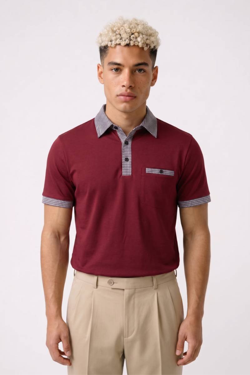 Polo Heren - Geruit Detail | Korte Mouwen met Knoopsluiting — Wijnrood