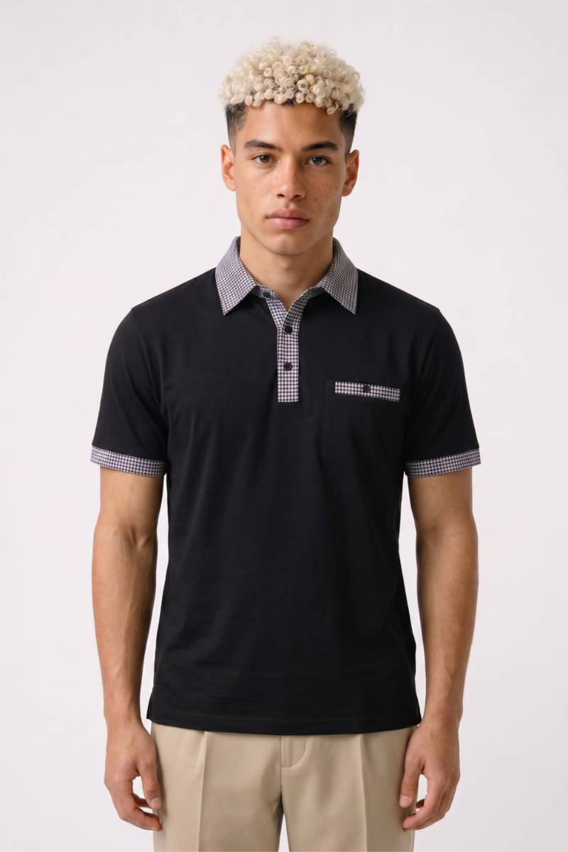 Polo Heren - Geruit Detail | Korte Mouwen met Knoopsluiting — Zwart