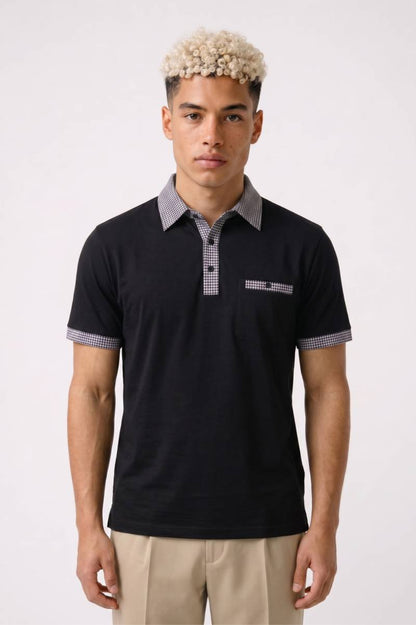 Polo Heren - Geruit Detail | Korte Mouwen met Knoopsluiting — Zwart