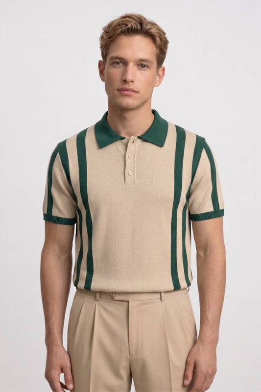 Polo Heren - Gestreept | Retro Stijl — Gestreept Beige Groen