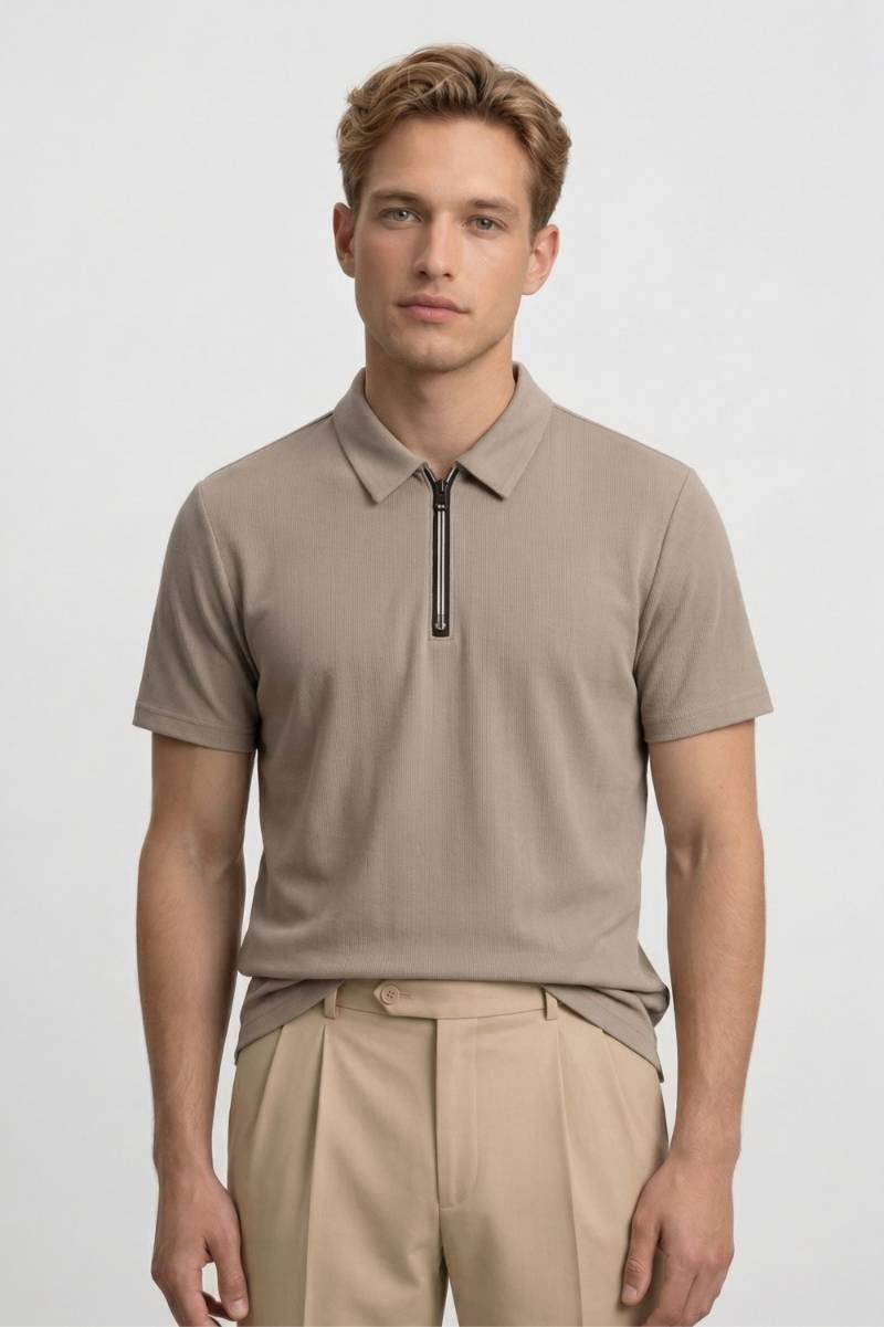 Polo Heren - Gestructureerd | Rits Detail & Kraag - Taupe
