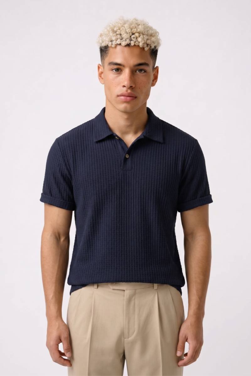 Polo Heren - Getextureerd | Geribbelde Polokraag met Korte Mouw — Navy