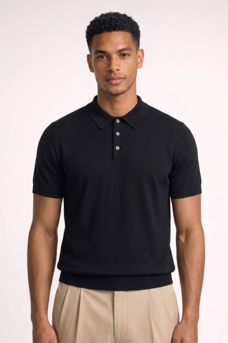 Polo Heren - Klassiek | Knoopsluiting met Gebreide Details — Zwart