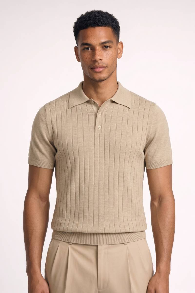 Polo Heren - Ribpatroon | Korte Mouwen met Knoopsluiting — Beige