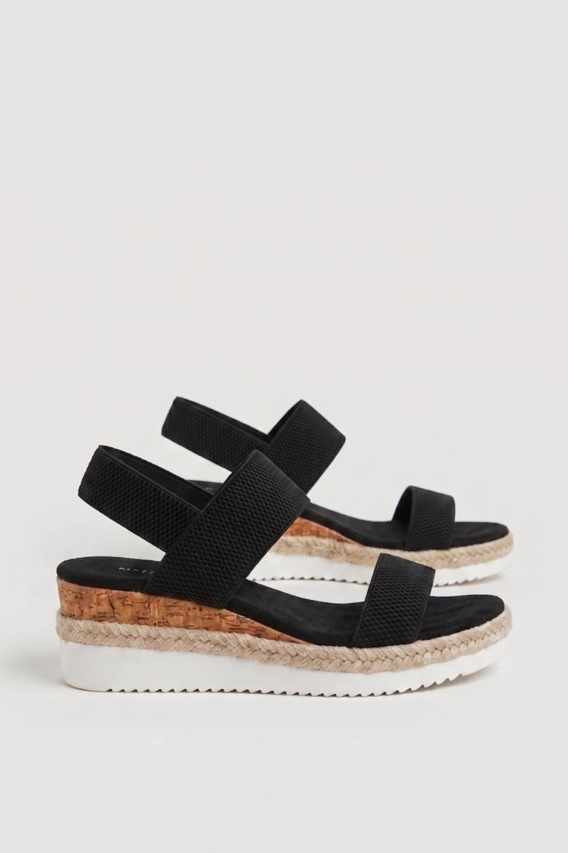 Sandalen Dames - Espadrille | Sleehak met Elastiek — Zwart