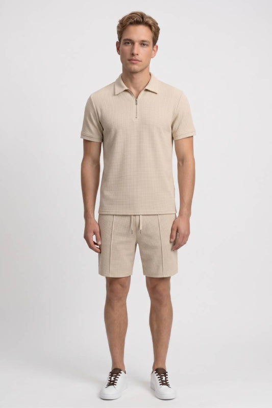 Set Heren - Polo & Short Casual | Wafelstructuur — Beige