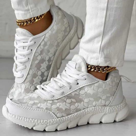 Sneakers Dames - Chunky Sneaker met Bloemen Reliëf en Veters | Zomer