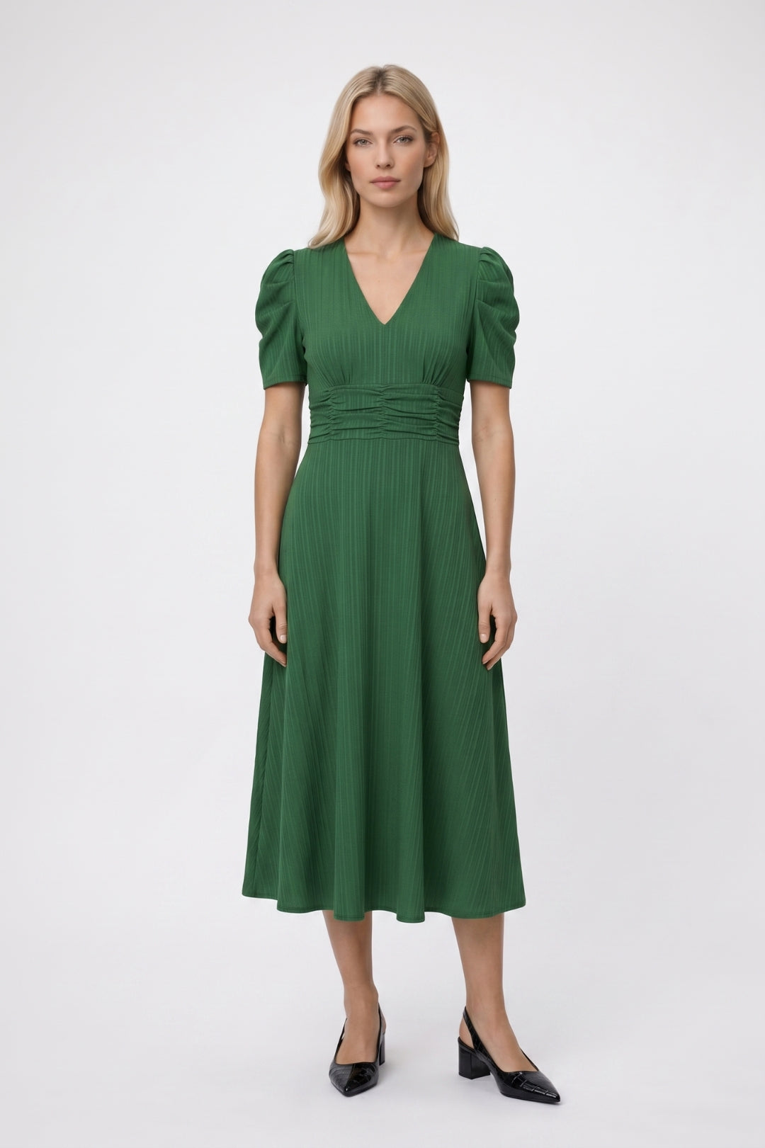 Midi Jurk Dames - Pofmouwen | V-Hals met Strik Detail