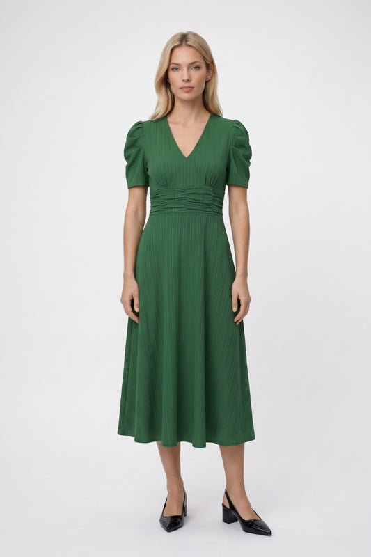 Midi Jurk Dames - Pofmouwen | V-Hals met Strik Detail
