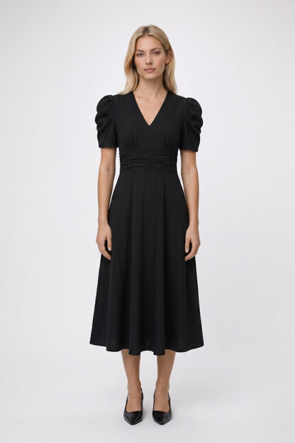 Midi Jurk Dames - Pofmouwen | V-Hals met Strik Detail