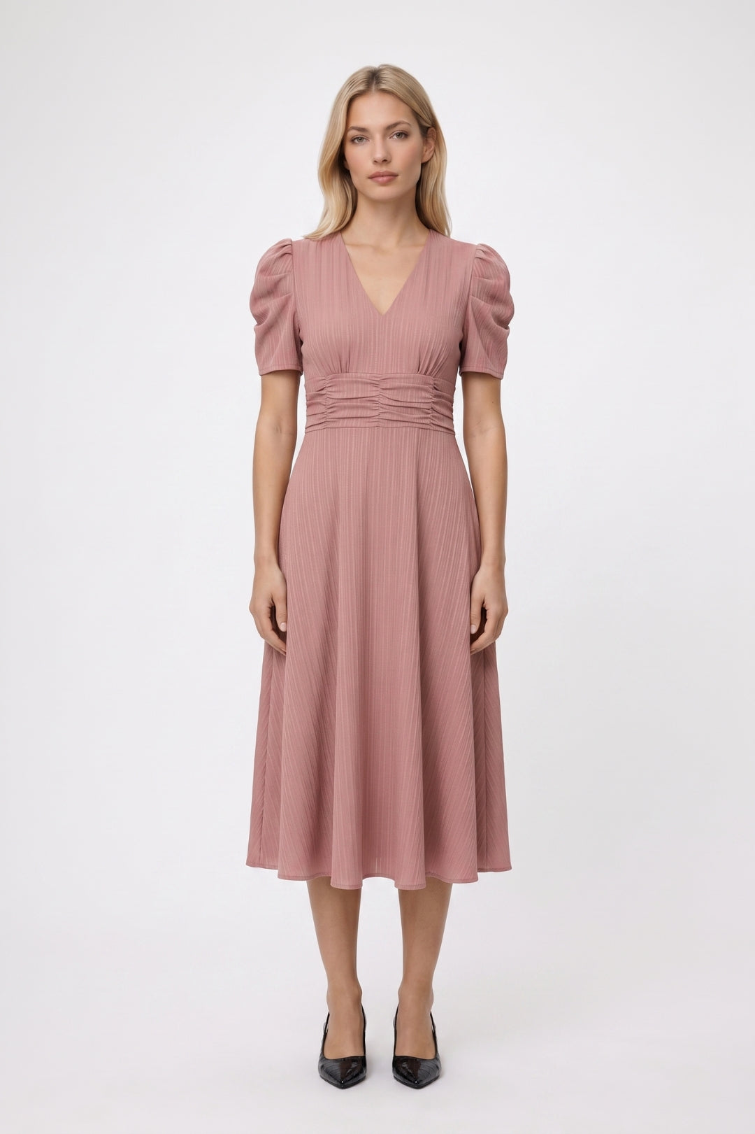 Midi Jurk Dames - Pofmouwen | V-Hals met Strik Detail