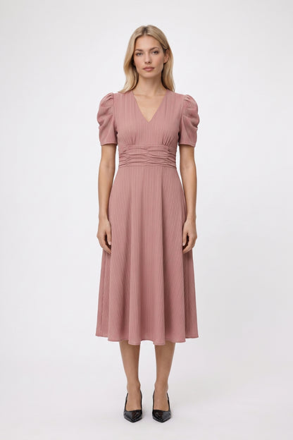 Midi Jurk Dames - Pofmouwen | V-Hals met Strik Detail