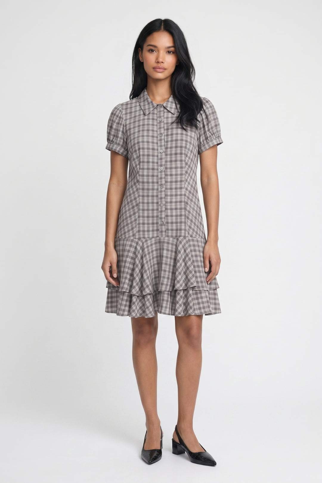 Mini Jurk Dames - Geruit | Kraag met Knoopsluiting