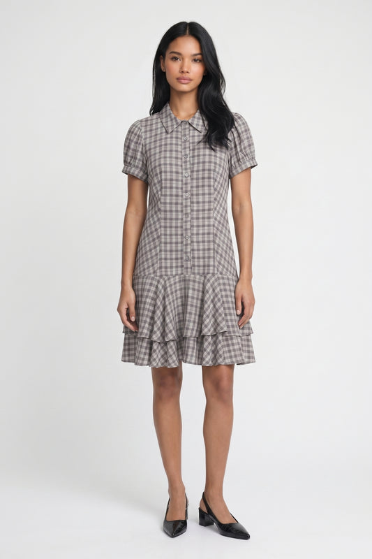 Mini Jurk Dames - Geruit | Kraag met Knoopsluiting