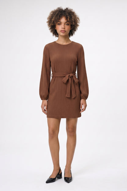 Mini Jurk Dames - Geribbeld | Strikceintuur met Pofmouwen