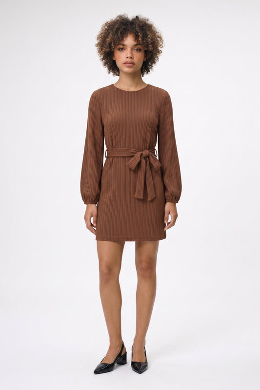 Mini Jurk Dames - Geribbeld | Strikceintuur met Pofmouwen