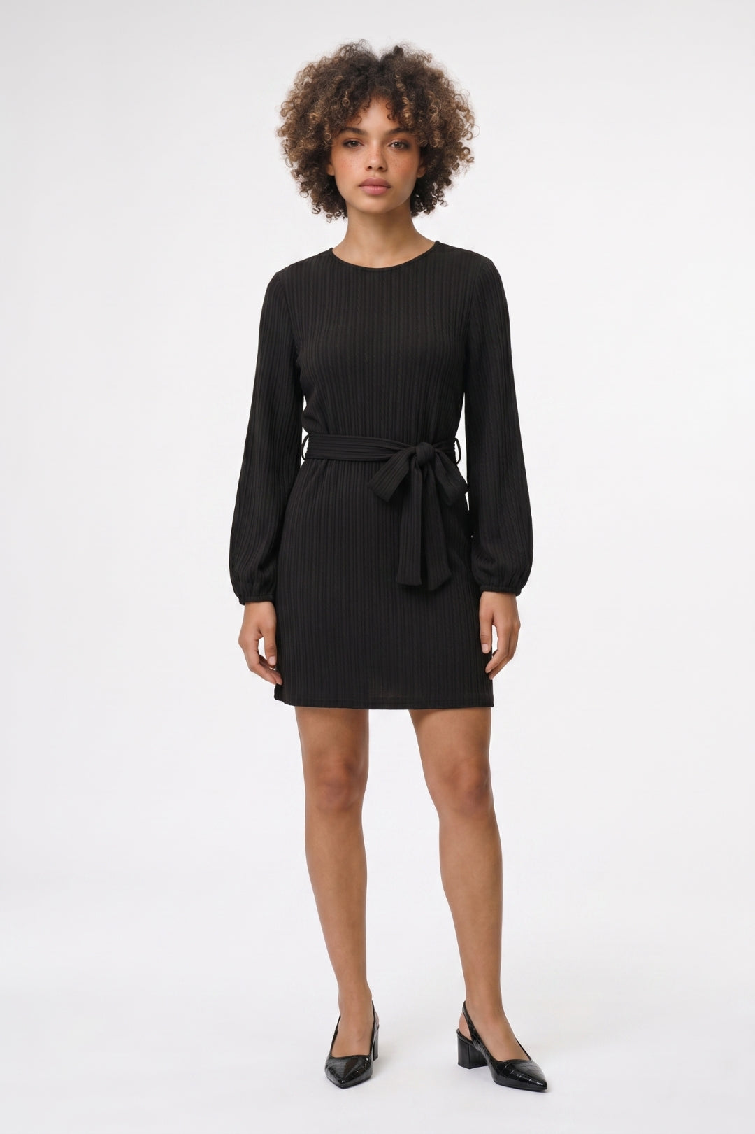Mini Jurk Dames - Geribbeld | Strikceintuur met Pofmouwen