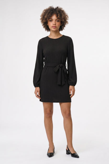 Mini Jurk Dames - Geribbeld | Strikceintuur met Pofmouwen