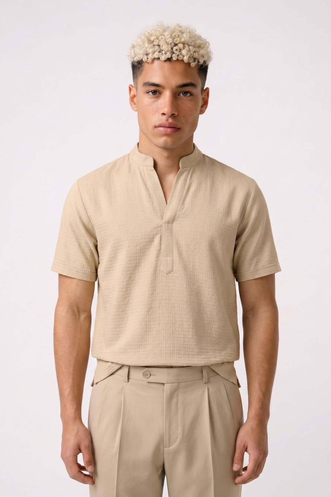 Overhemd Heren - Korte Mouw met Opstaande Mao Kraag | Casual