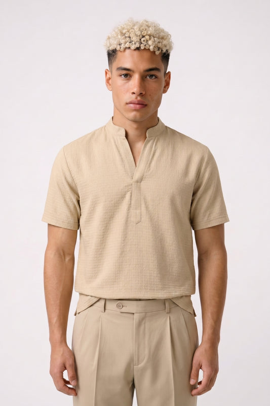 Overhemd Heren - Korte Mouw met Opstaande Mao Kraag | Casual