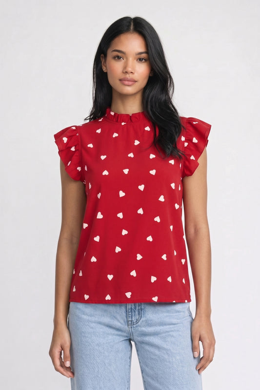 Blouse Dames - Hartenprint | Ruffle Mouwen