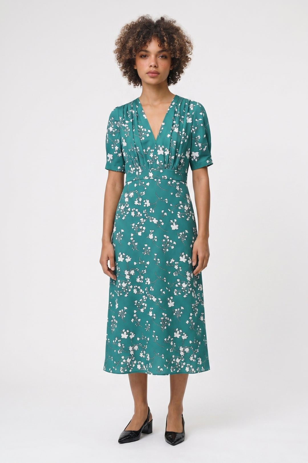 Midi Jurk Dames - Bloemenprint | V-Hals met Korte Mouwen