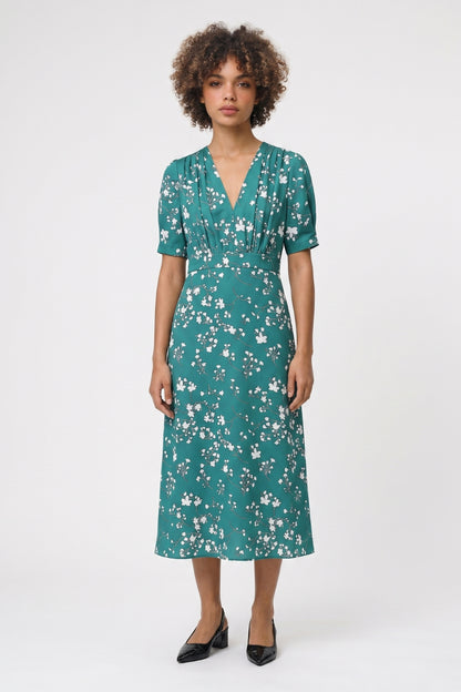 Midi Jurk Dames - Bloemenprint | V-Hals met Korte Mouwen