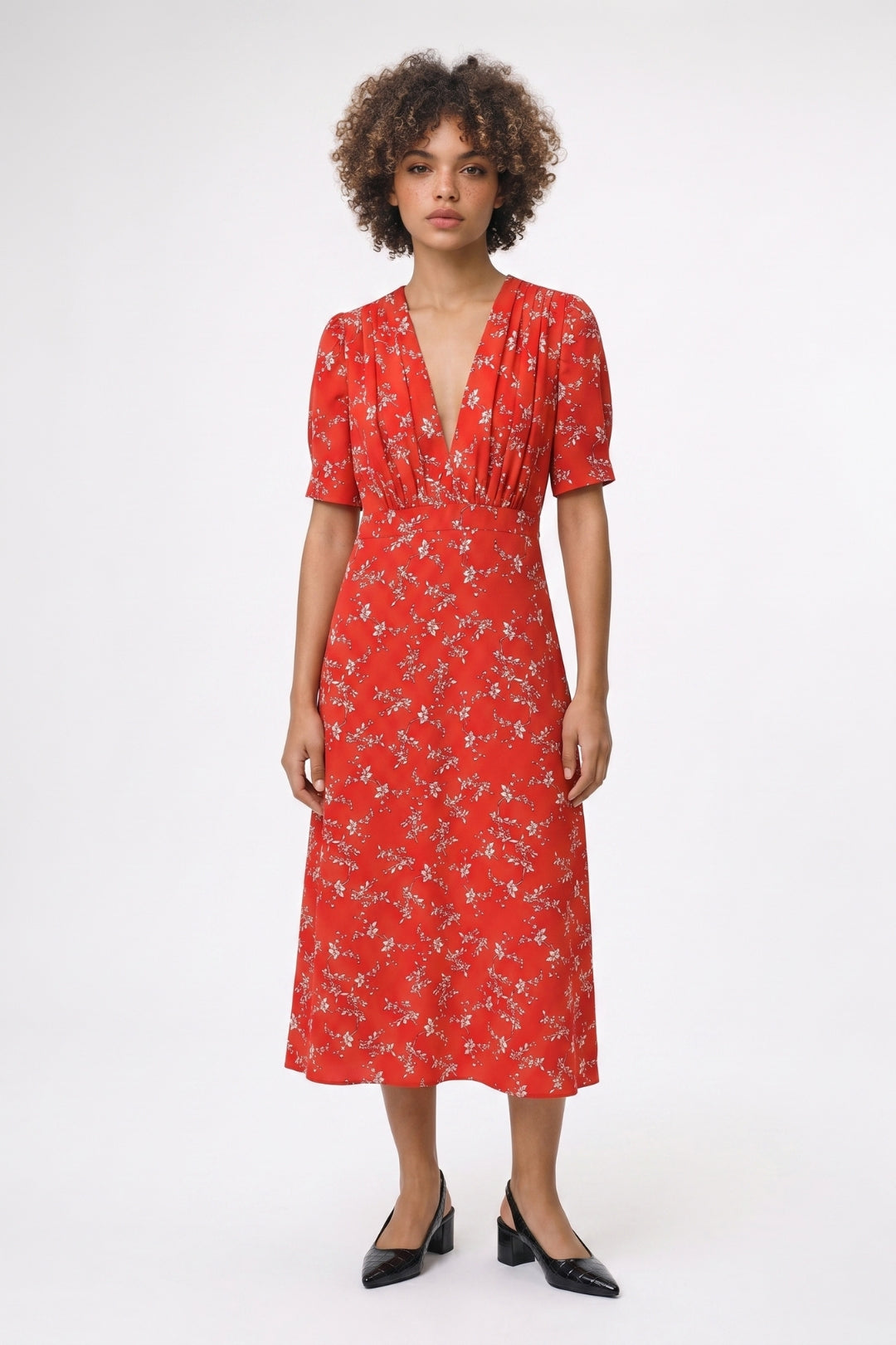 Midi Jurk Dames - Bloemenprint | V-Hals met Korte Mouwen