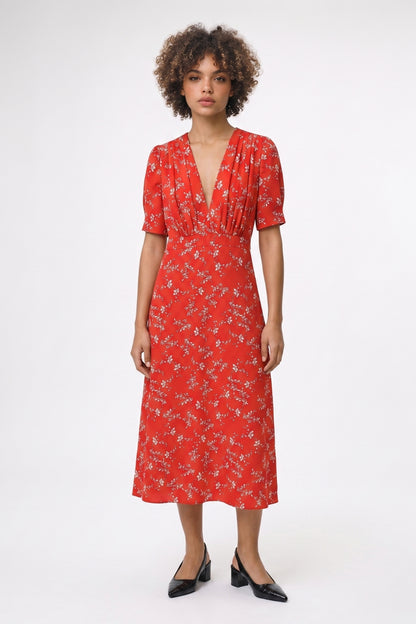 Midi Jurk Dames - Bloemenprint | V-Hals met Korte Mouwen