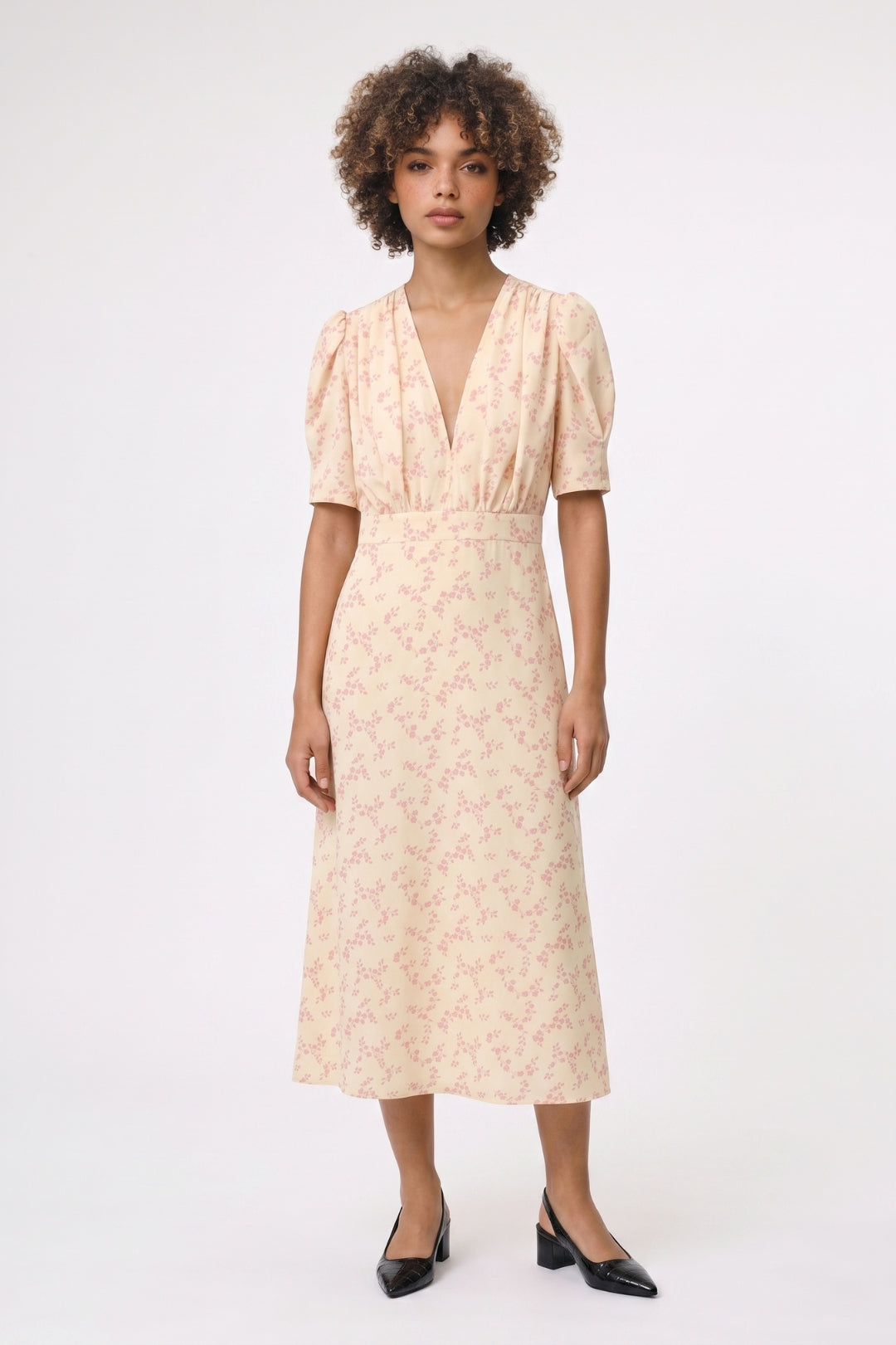 Midi Jurk Dames - Bloemenprint | V-Hals met Korte Mouwen