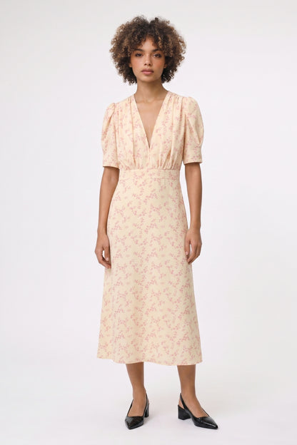 Midi Jurk Dames - Bloemenprint | V-Hals met Korte Mouwen