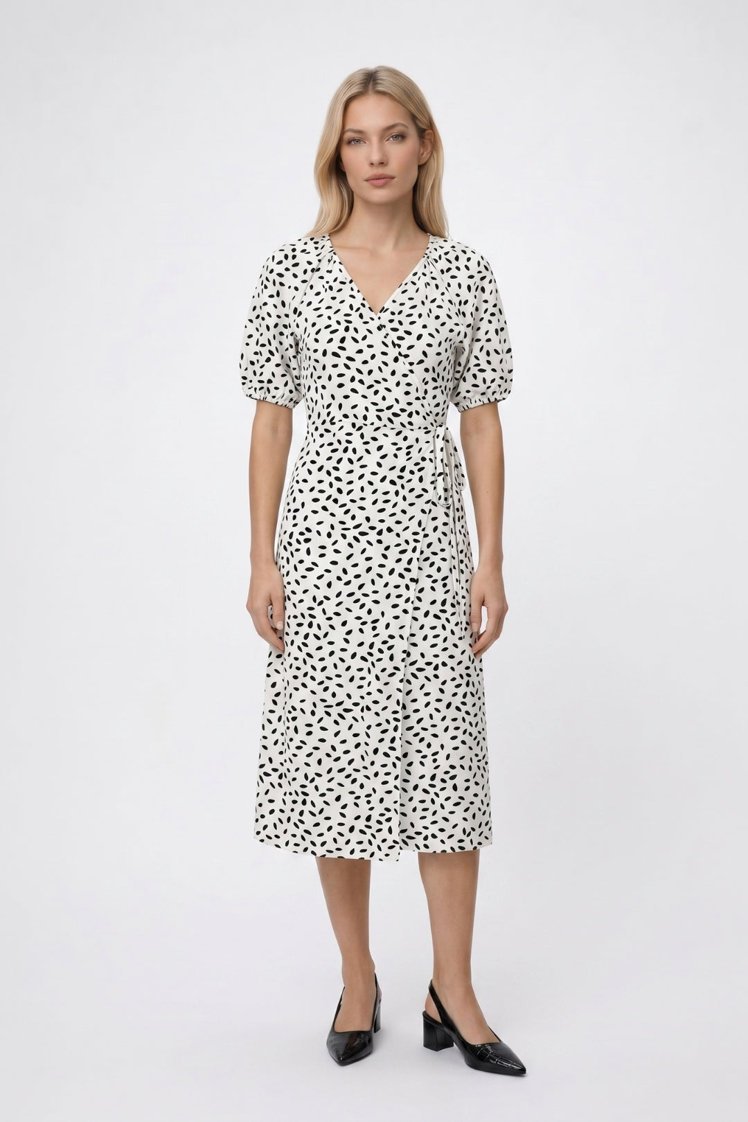 Midi Jurk Dames - Pofmouwen | V-hals met Ceintuur