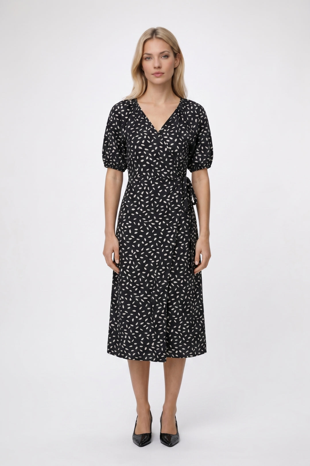 Midi Jurk Dames - Pofmouwen | V-hals met Ceintuur