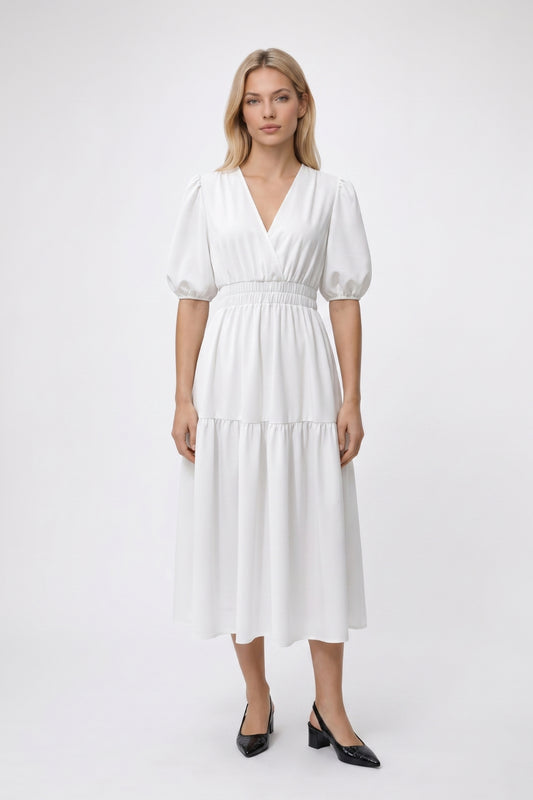 Midi Jurk Dames - Pofmouwen | V-Hals met Elastische Taille
