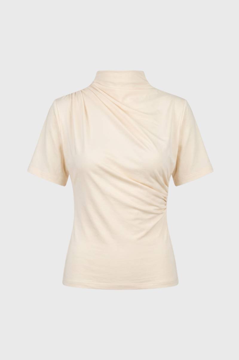 T-shirt Dames - Gedrapeerd | Hoge Hals met Korte Mouwen — Beige