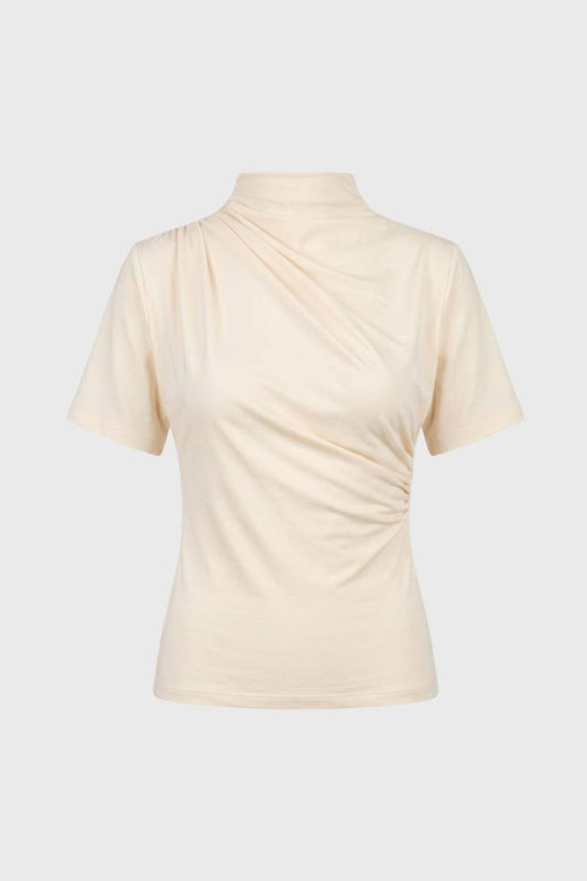 T-shirt Dames - Gedrapeerd | Hoge Hals met Korte Mouwen — Beige