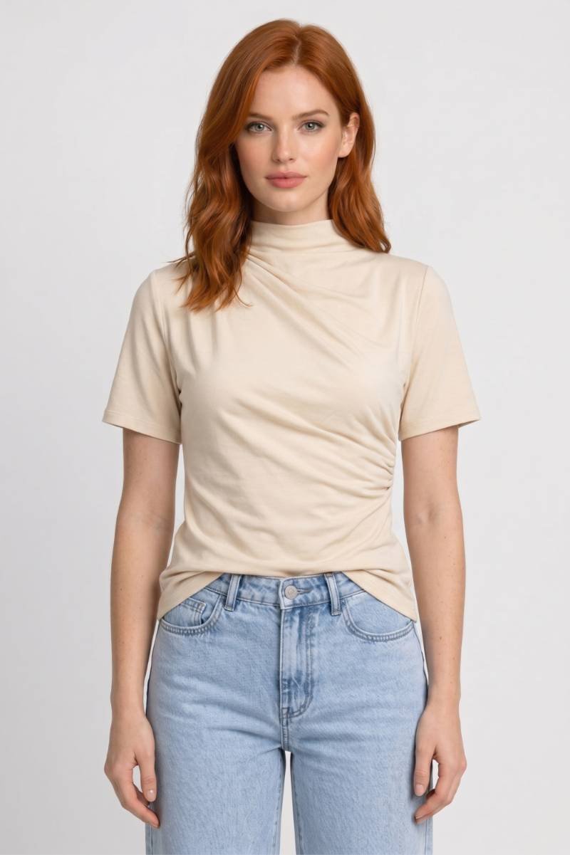 T-shirt Dames - Gedrapeerd | Hoge Hals met Korte Mouwen — Beige