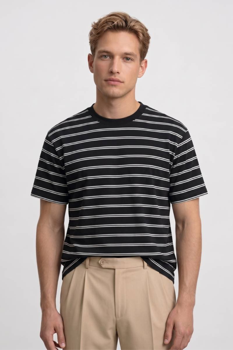 T-shirt Heren - Gestreept | Casual Ronde Hals — Gestreept Zwart