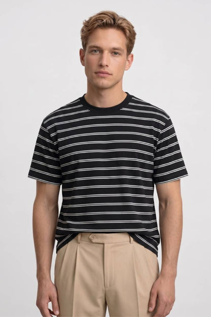 T-shirt Heren - Gestreept | Casual Ronde Hals — Gestreept Zwart