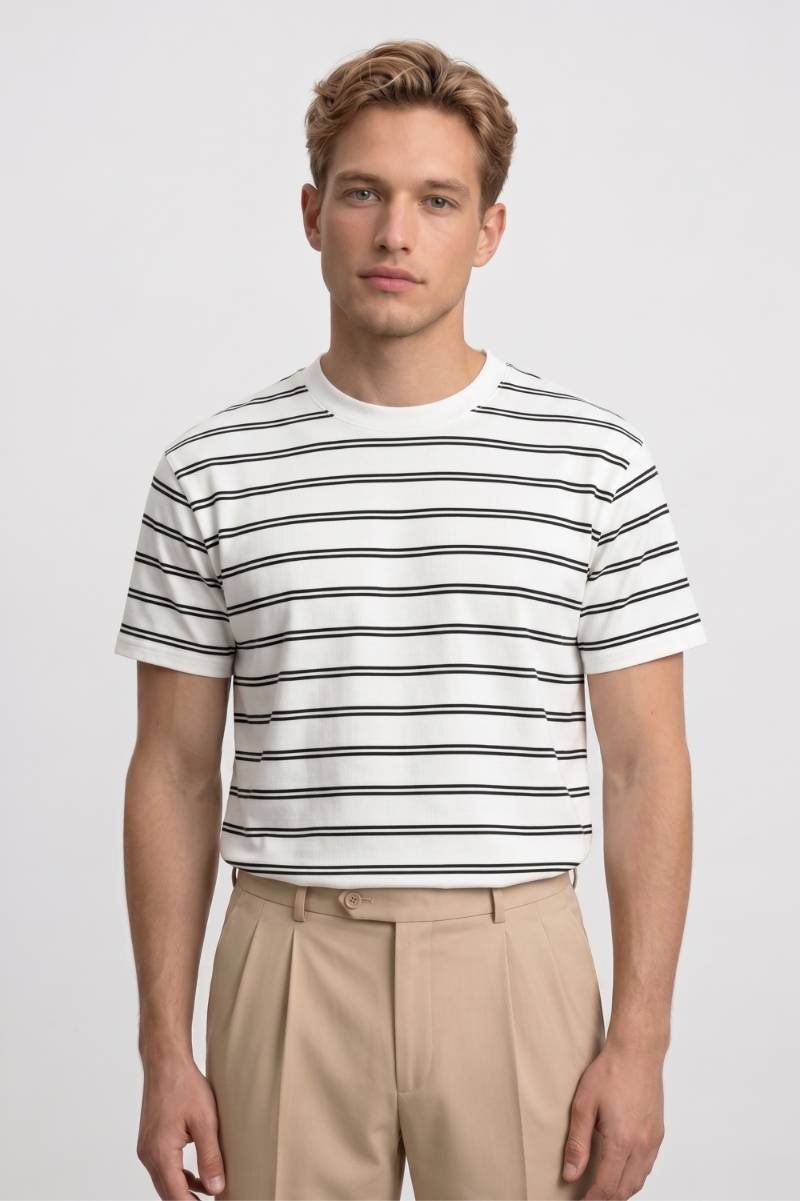 T-shirt Heren - Gestreept | Casual Ronde Hals — Gestreept Wit