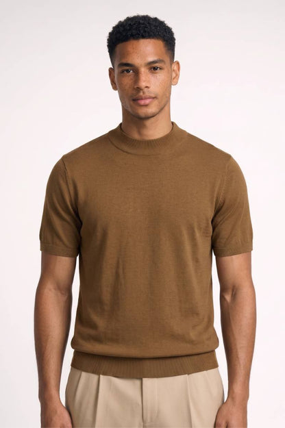 T-shirt Heren - Mock Neck | Korte Mouwen Stijlvol & Comfortabel — Camel
