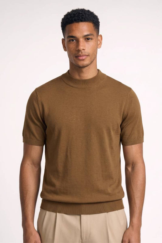 T-shirt Heren - Mock Neck | Korte Mouwen Stijlvol & Comfortabel — Camel