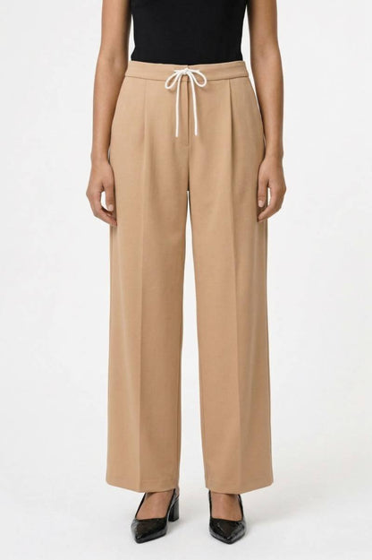 Wijde Broek Dames - Comfortabel | Hoge Taille met Strikceintuur — Beige