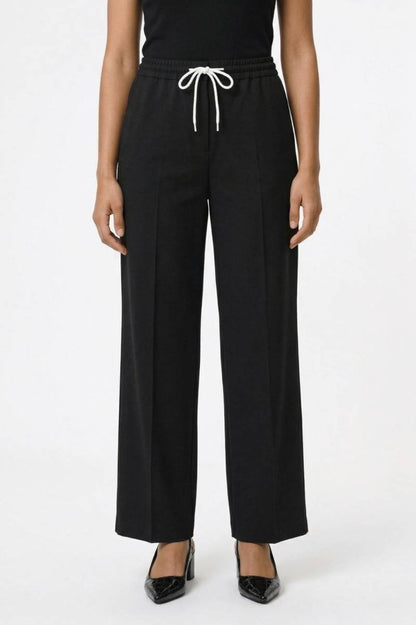 Wijde Broek Dames - Comfortabel | Hoge Taille met Strikceintuur — Zwart