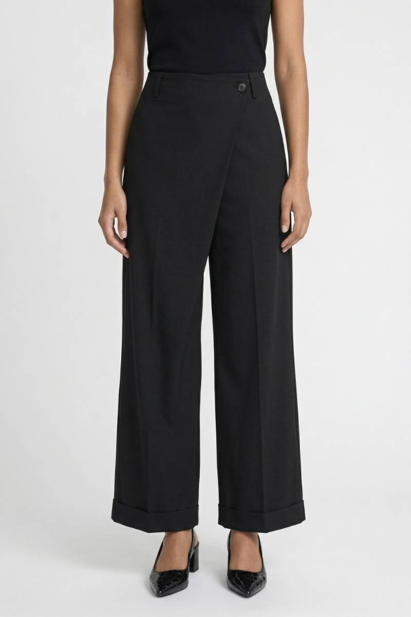Wijde Broek Dames - Elegant | High Waist Met Knoop Detail — Zwart