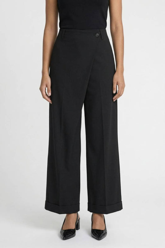 Wijde Broek Dames - Elegant | High Waist Met Knoop Detail — Zwart