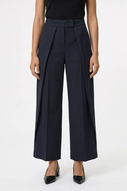 Wijde Broek Dames - Elegant | Hoge Taille met Strikceintuur — Gestreept Navy