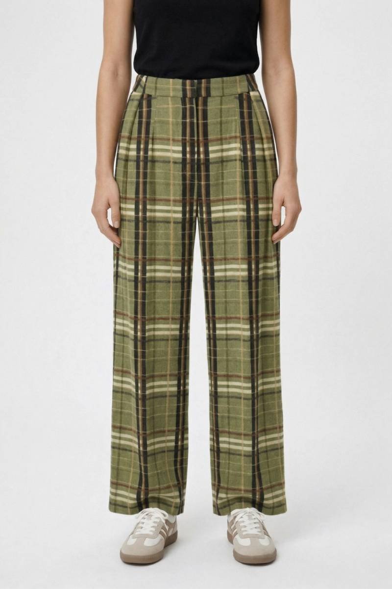 Wijde Broek Dames - Geruite Print | Hoge Taille & Rechte Pijpen — Geruit Olijfgroen